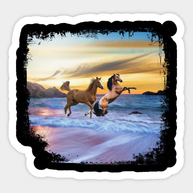 Horses On A Beach At Sunset Sticker by PhotoArts